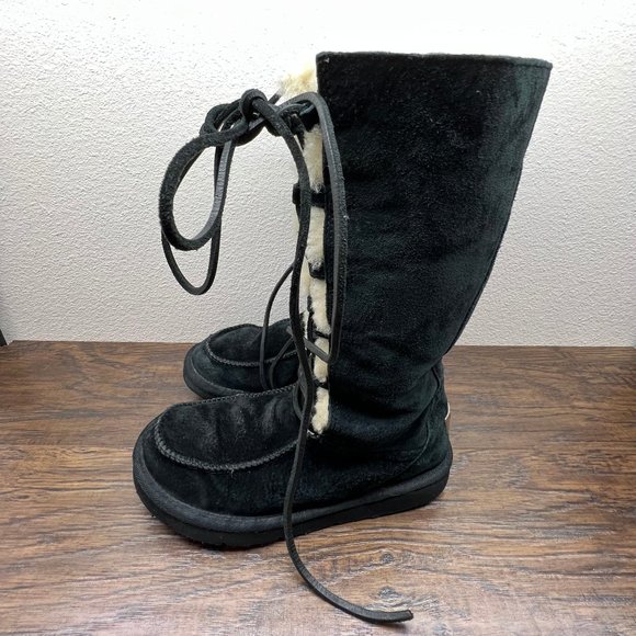 UGG Tularosa Black Suede Lace Up Sheepskin Tall Boots Women's Size 8 5190 - Picture 6 of 10